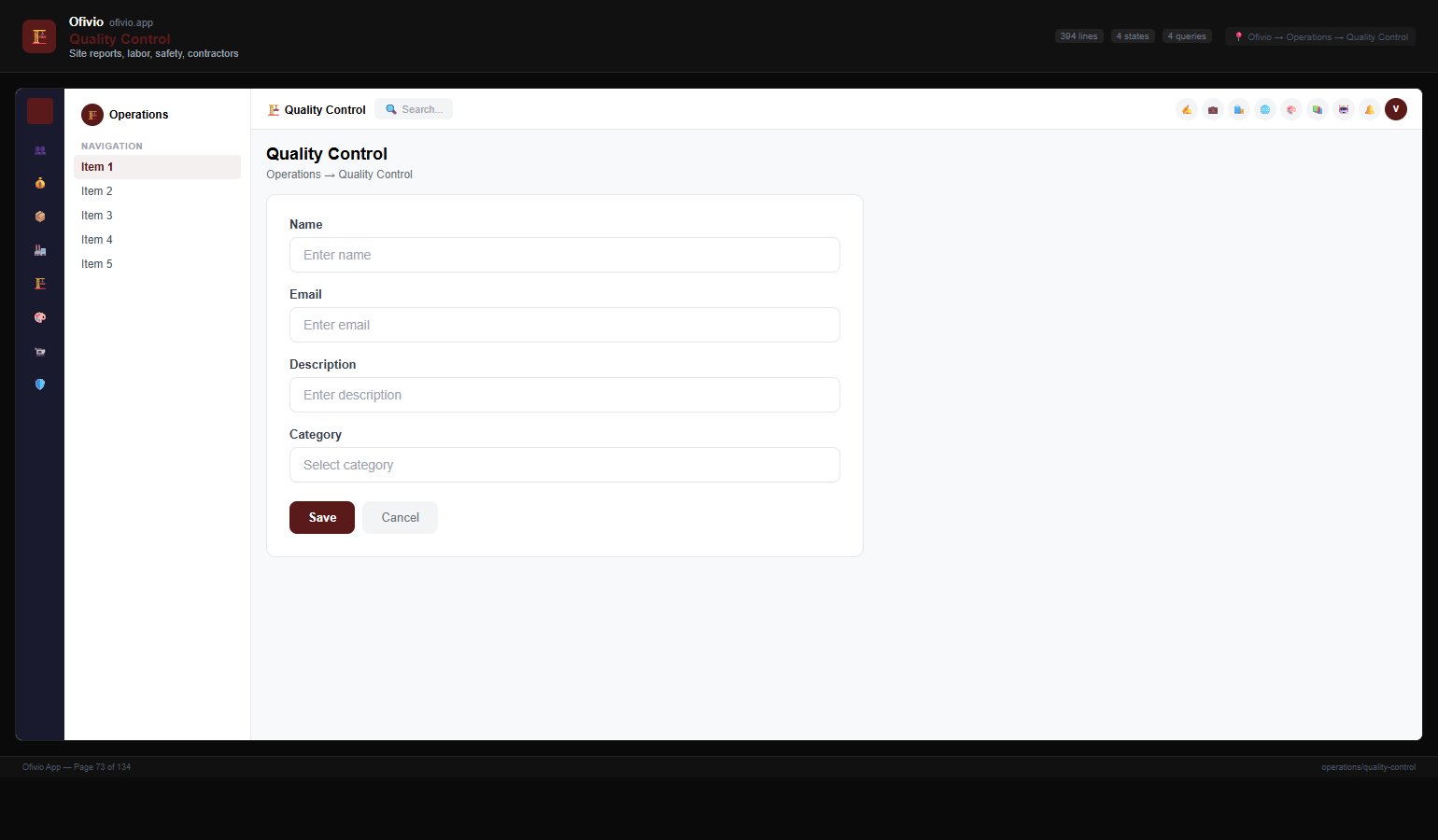 Quality control screen in Ofivio with inspection items and statuses