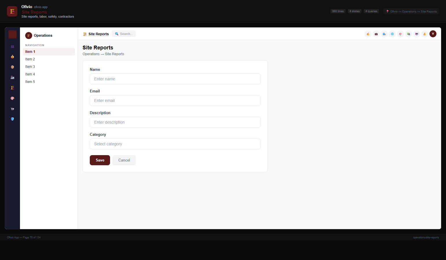 Ofivio daily site report screen with progress entries and photos