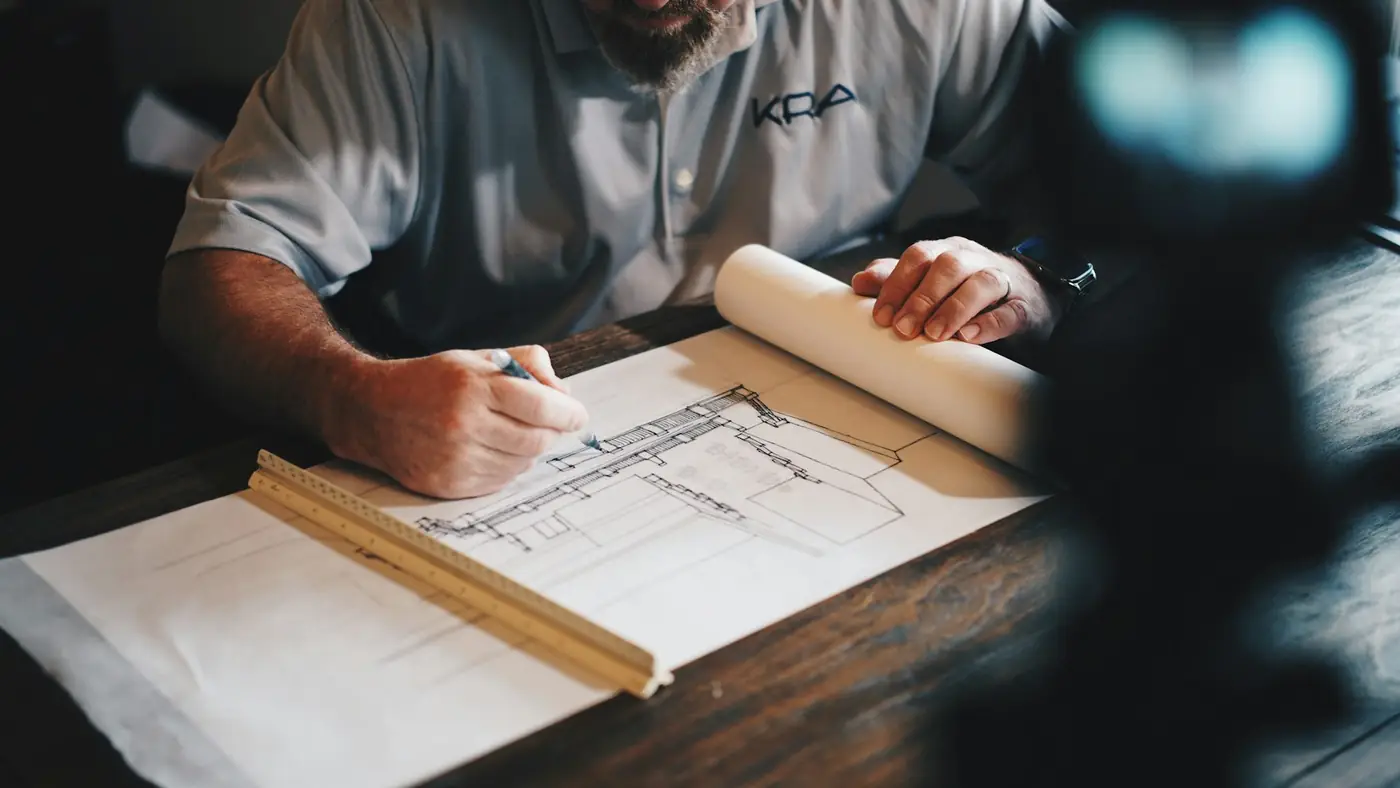 An architect sketching a plan by hand with a scale rule across the drawing, early design work