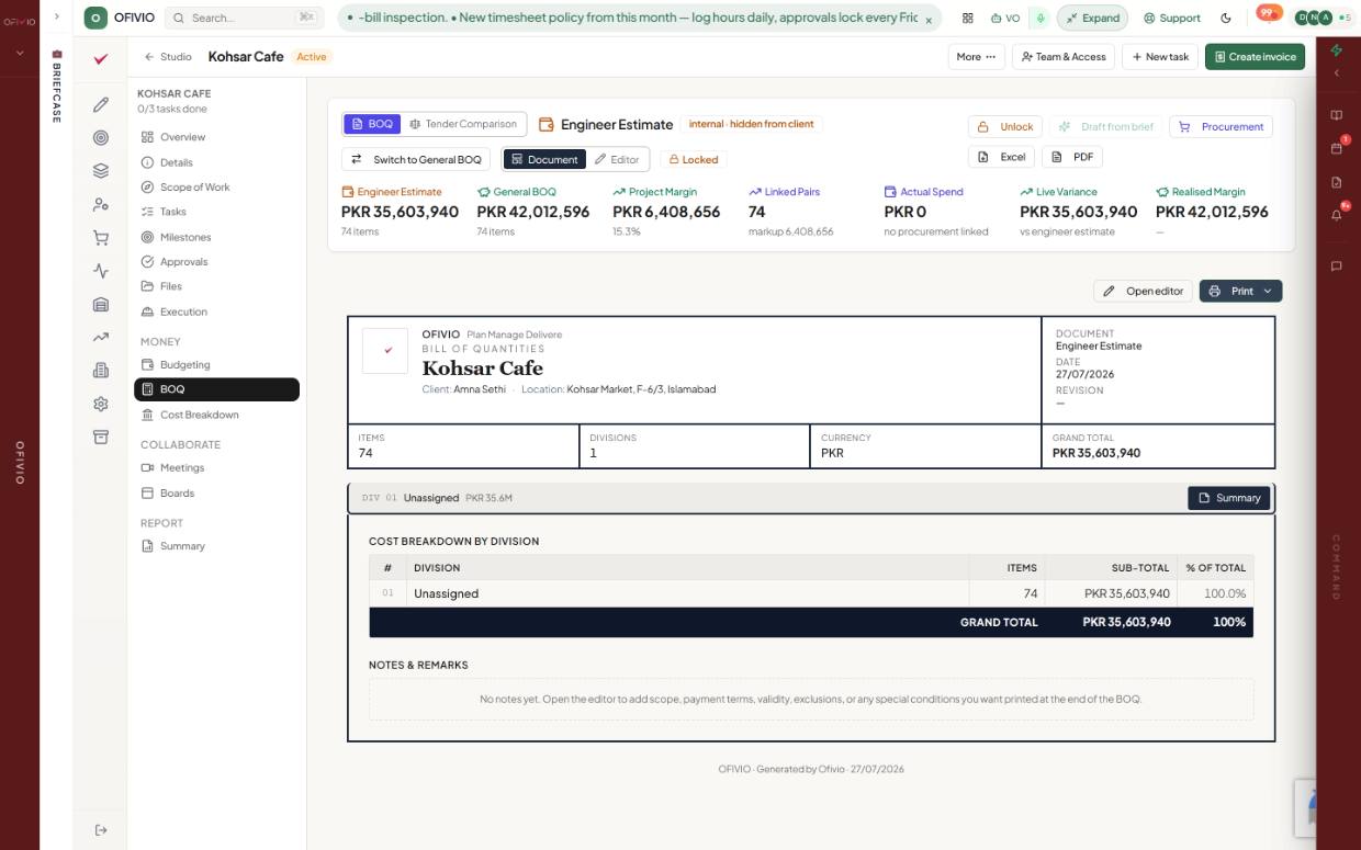 The bill — every line, its rate, and the margin between estimate and proposal