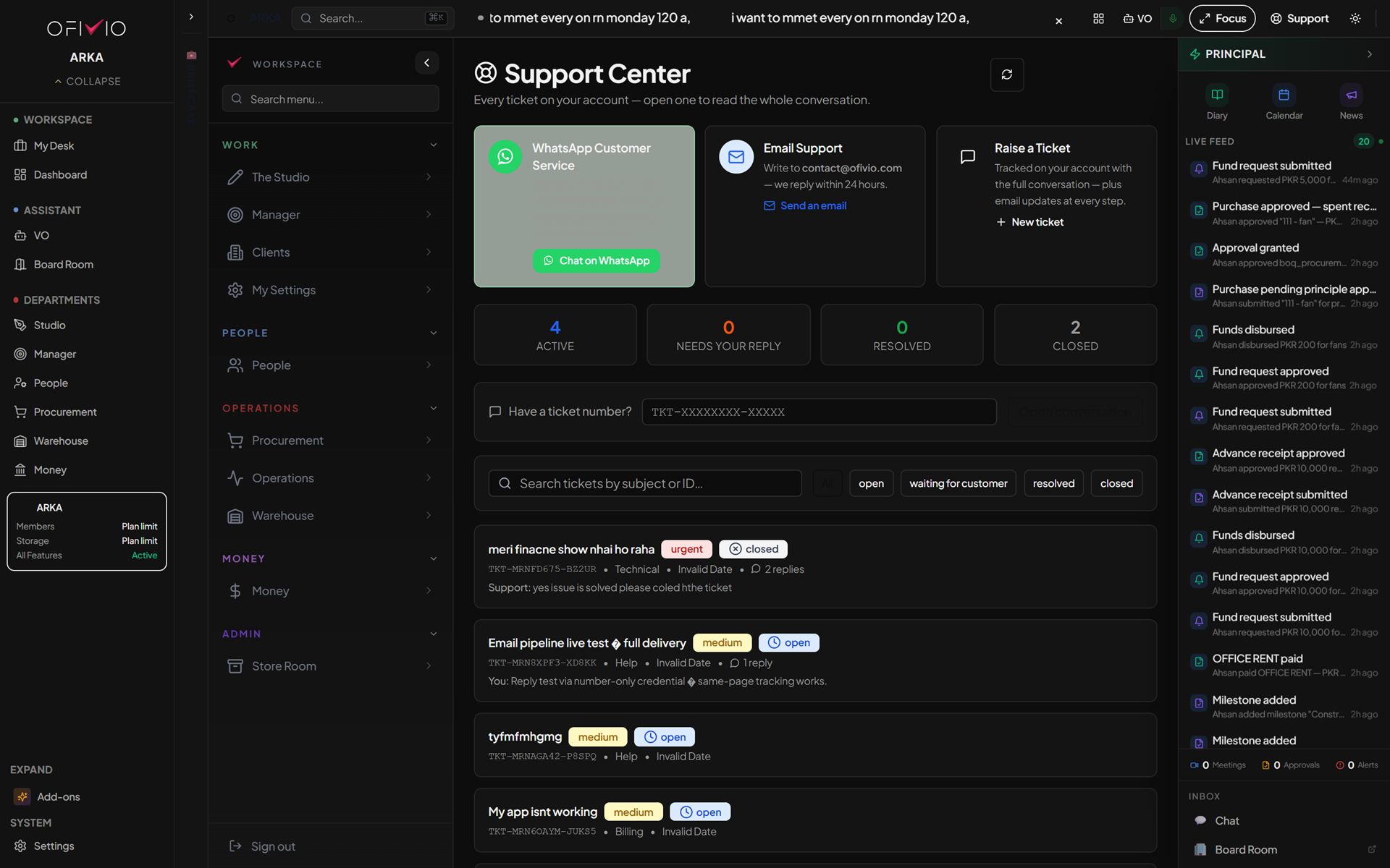 The live Ofivio Help Desk — the actual support ticket screen inside the product